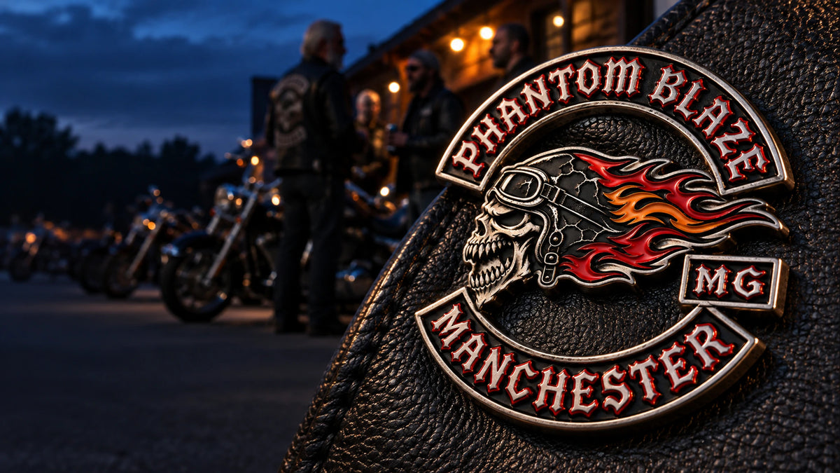 Sculpted antique silver PHANTOM BLAZE motorcycle club pin on black leather outside a clubhouse at blue hour.
