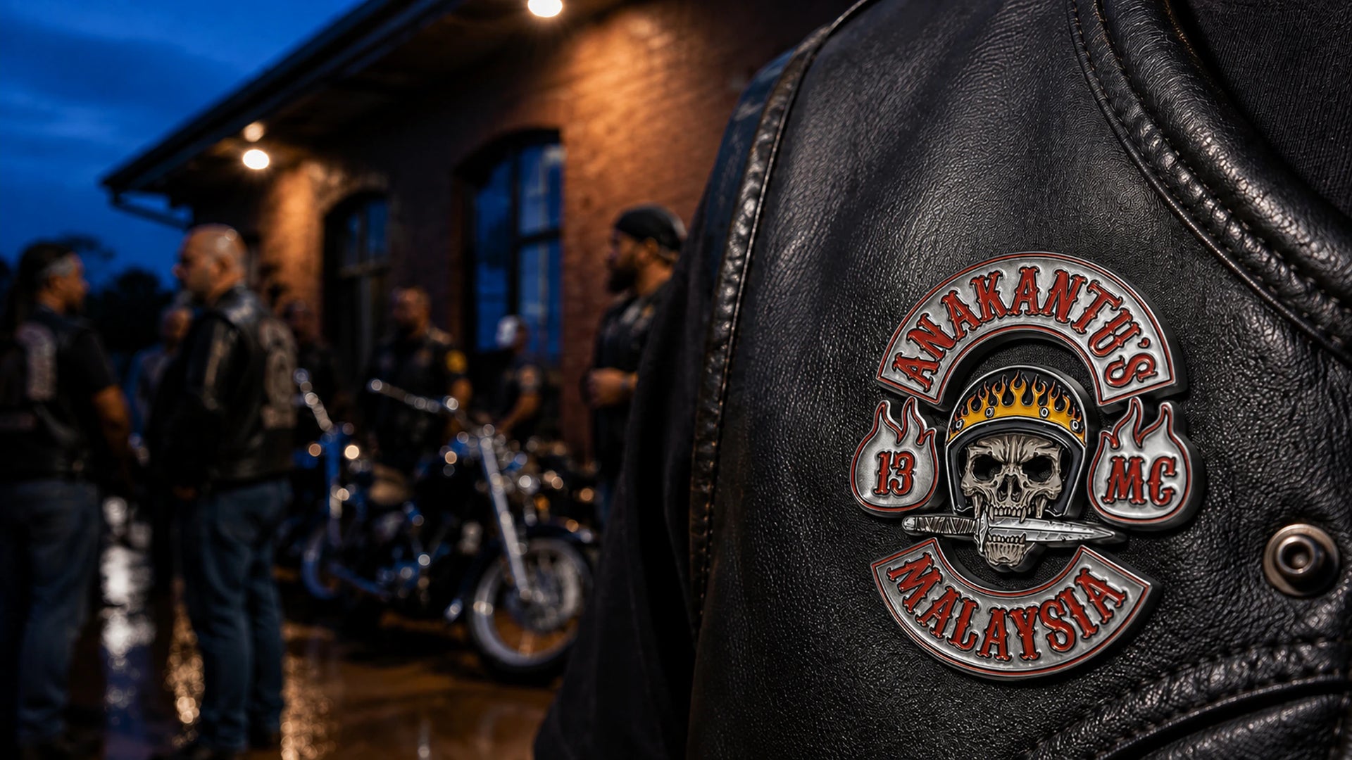 Custom 2D biker pin with an approved motorcycle club logo worn on a black leather vest.