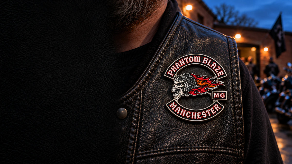 Custom 2D motorcycle club pin positioned clearly on the right side of a black leather vest.