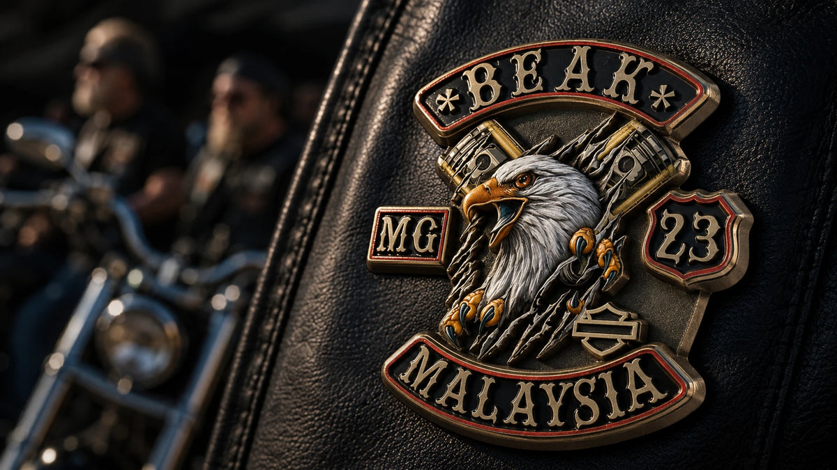 Custom 3D biker color pin with sculpted metal relief and enamel details on a black leather motorcycle club vest