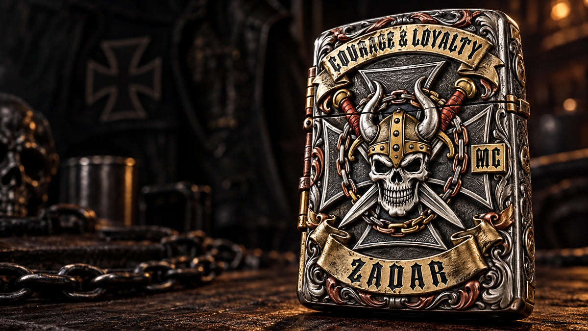 Layered multi-metal motorcycle club lighter with an authorized club emblem in a dramatic rider workshop