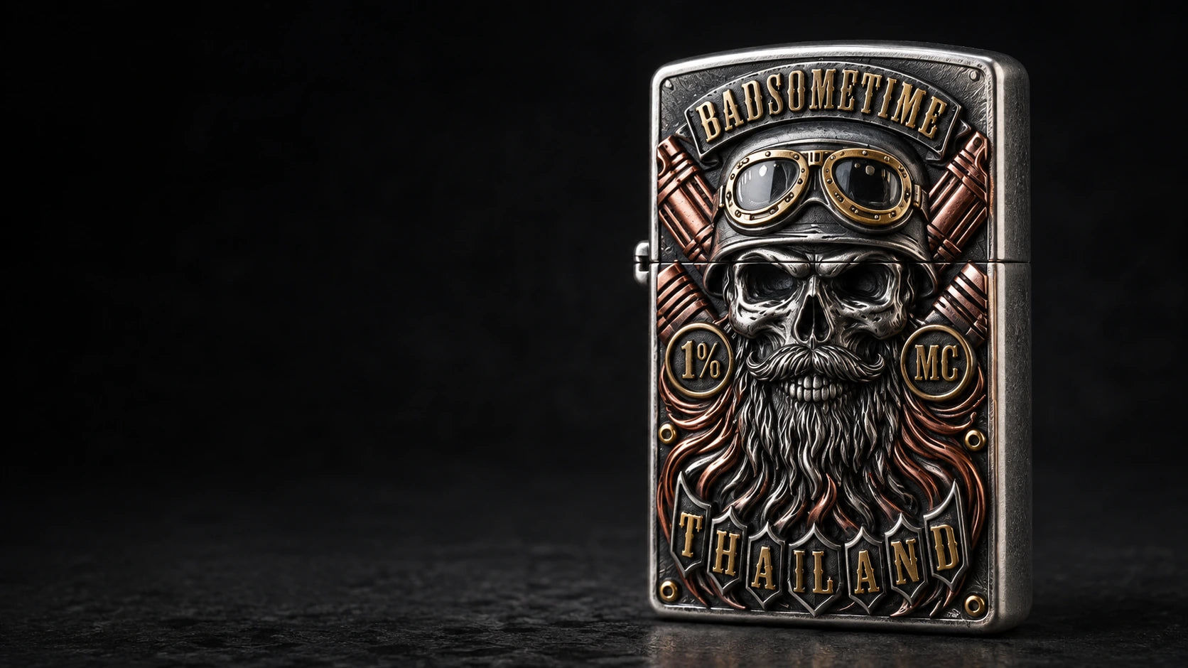 Layered multi-metal motorcycle club lighter with an authorized club emblem in a dramatic rider workshop