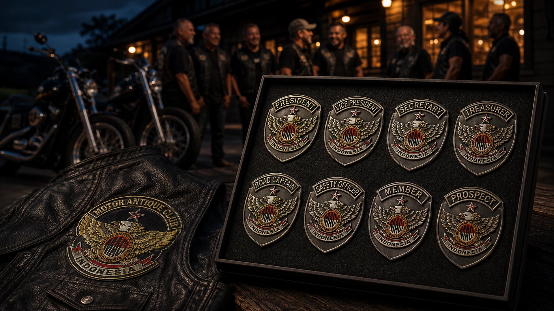 Custom member and officer pins for motorcycle clubs featuring a custom metal motorcycle club badge made with an approved club logo.