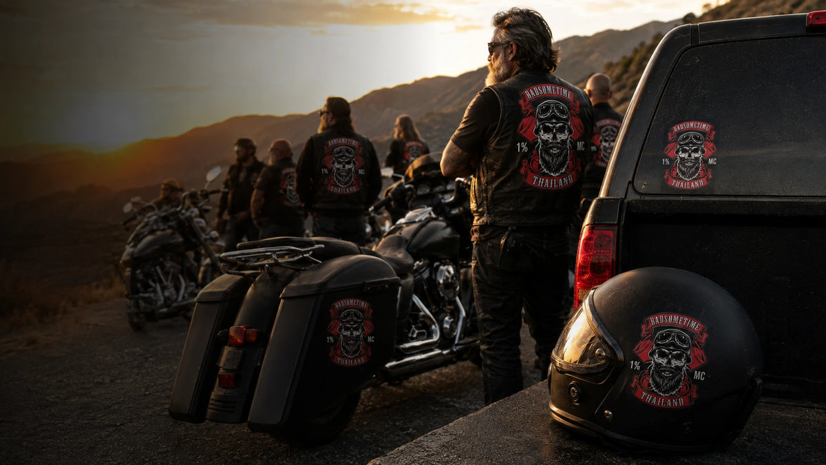 Harley-style V-twin club riders displaying coordinated custom club stickers on a helmet, motorcycle case and support truck at a mountain turnout.