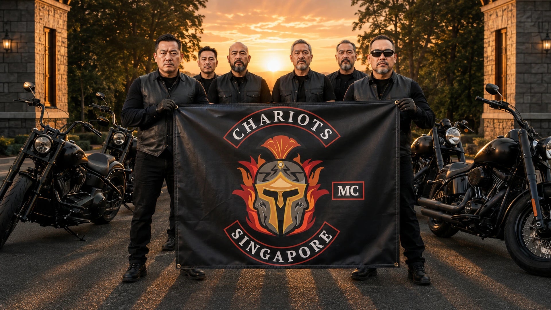 Motorcycle club riders displaying a custom event banner at a sunrise V-twin rally.