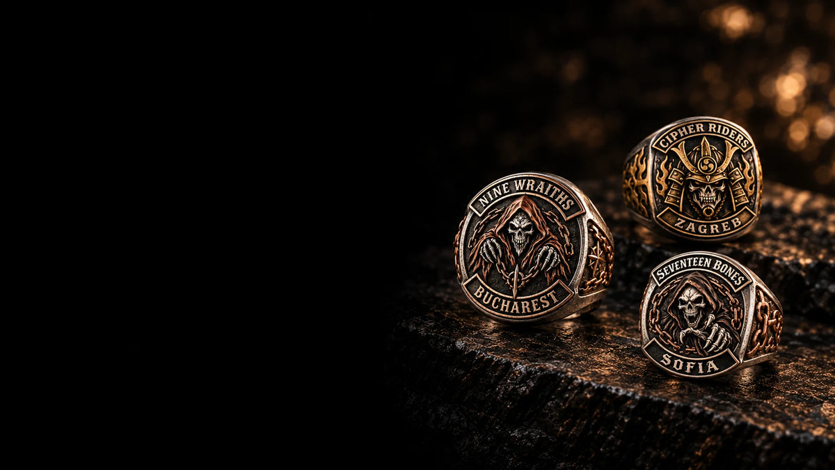 Signature Mixed-Metal Club Ring designed from an authorized motorcycle club emblem in 925 Sterling Silver + Brass + Red Copper natural metal tones.