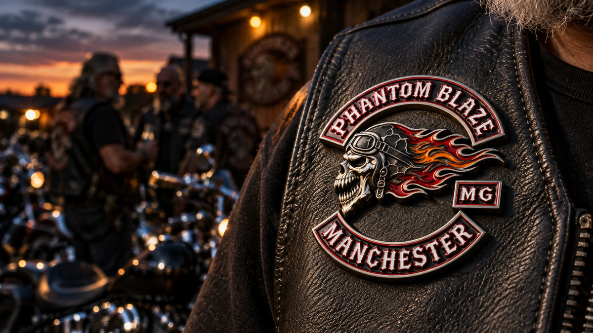 Custom 3D biker color pin with sculpted Phantom Blaze Manchester club emblem beside mature V-twin riders