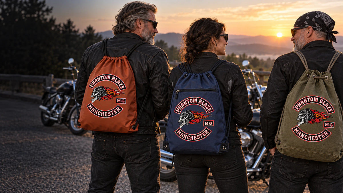 Motorcycle club riders arrive at a rally registration area with a custom club-logo drawstring bag.