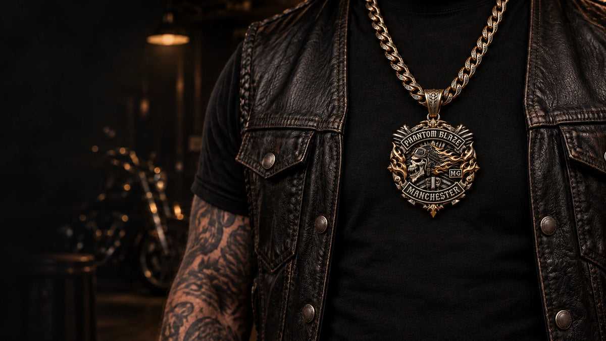 Custom motorcycle club pendant worn at a realistic scale on a rider’s black shirt and leather vest, with the complete chain visible.