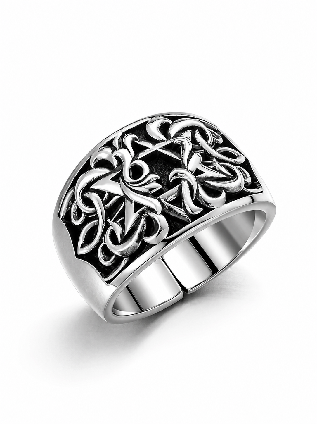 Hexagram Guardian Scrollwork Sterling Silver Ring - product view
