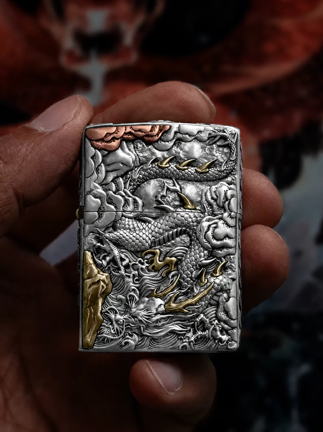 Hidden Dragon 3D Relief Biker Lighter Case – product view