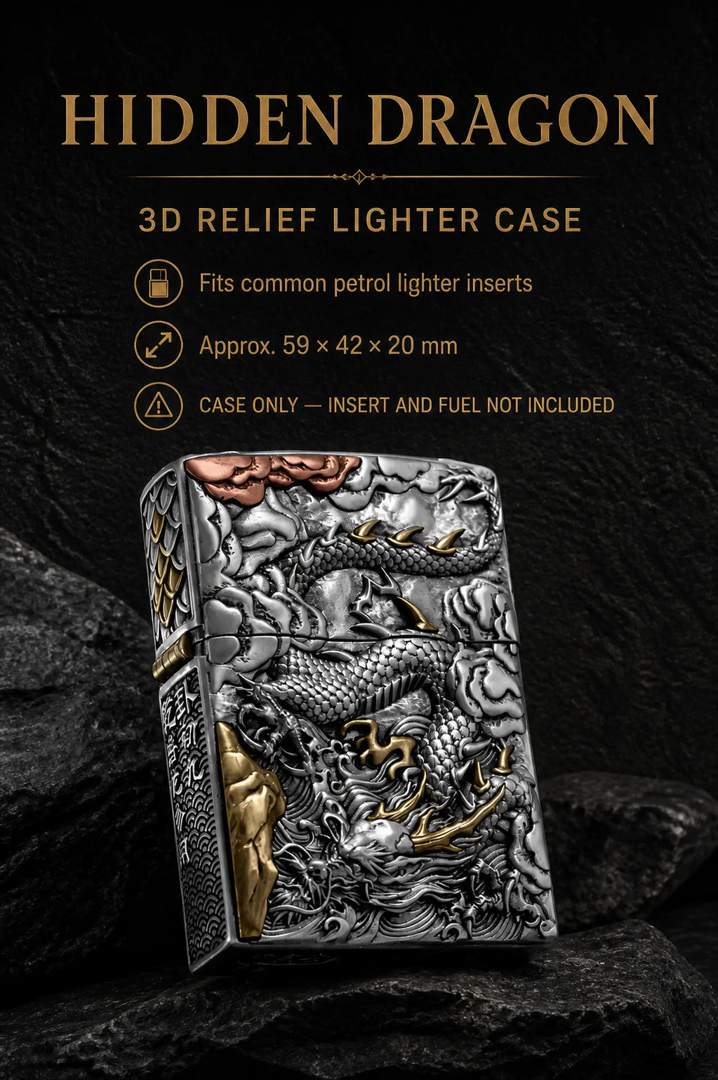 Hidden Dragon 3D Relief Biker Lighter Case – cleaned relief design view 1