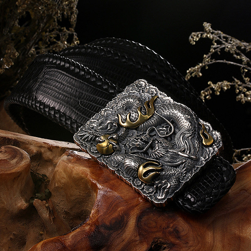Hidden Dragon Silver Python Leather Biker Belt — detail view 1