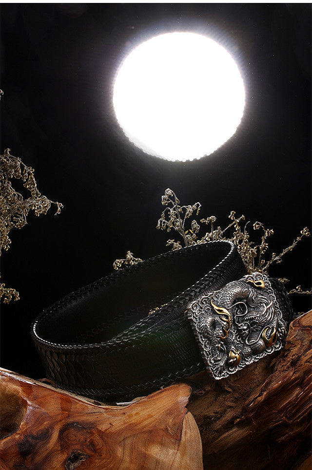 Hidden Dragon Silver Python Leather Biker Belt — detail view 2