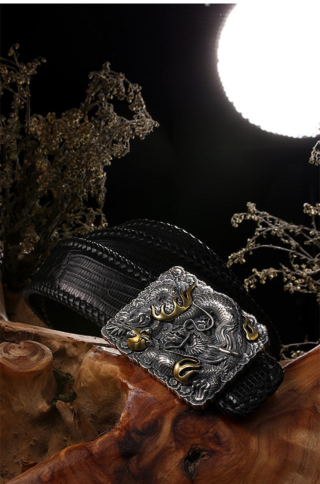 Hidden Dragon Silver Python Leather Biker Belt — detail view 3