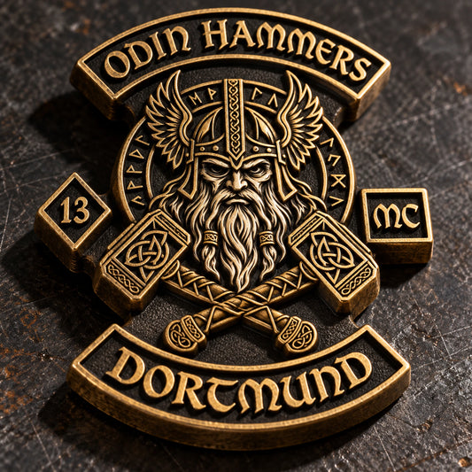 Antique bronze ODIN HAMMERS motorcycle club pin showing distinct high, middle and recessed relief levels.