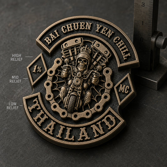 Connected antique bronze motorcycle club pin demonstrating distinct high, middle, and recessed sculpted relief levels.