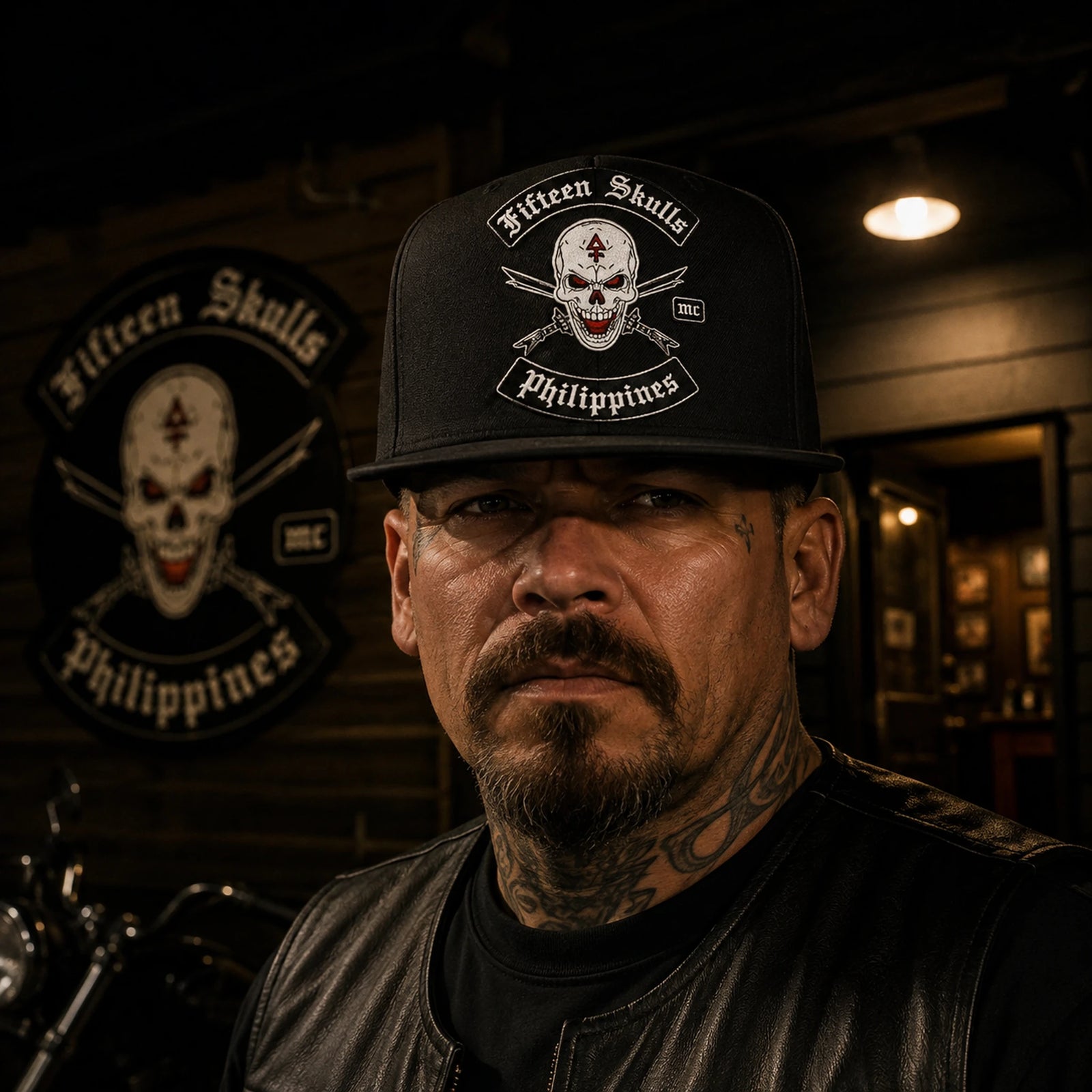 A motorcycle club rider wears a tall high-profile flat-brim cap with a large approved emblem patch.