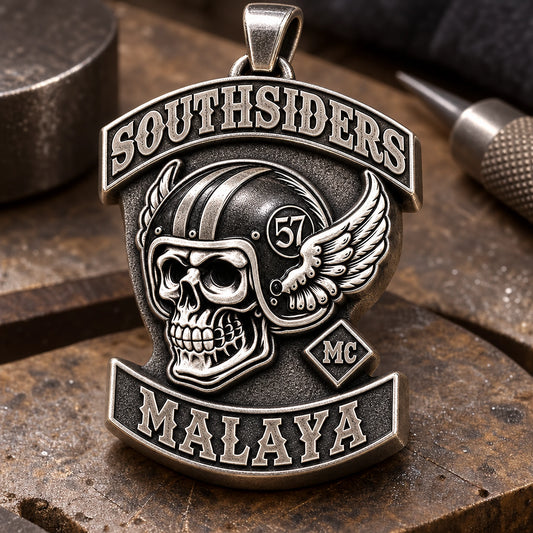 High-relief motorcycle club pendant with deep sculpted levels and a solid authorized emblem.