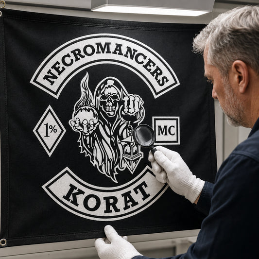 A quality inspector examining sharp logo detail on a custom motorcycle club banner.