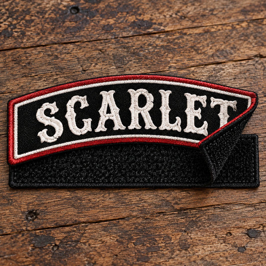 Front and back views of a removable hook-and-loop officer title bar, clearly showing the hook backing and matching loop panel on a workbench, showing custom motorcycle club name bar patch options.