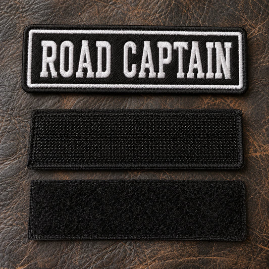 Front and back views of a removable hook-and-loop officer title bar, clearly showing the hook backing and matching loop panel on a workbench, showing custom motorcycle club name bar patch options.