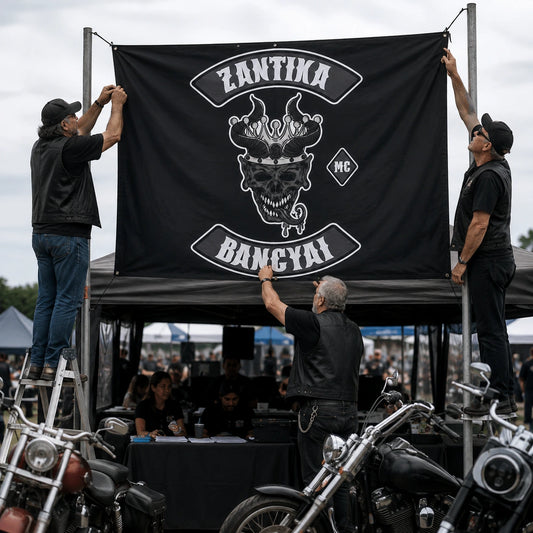 Rally volunteers secure a wide custom motorcycle club flag above an outdoor registration tent.