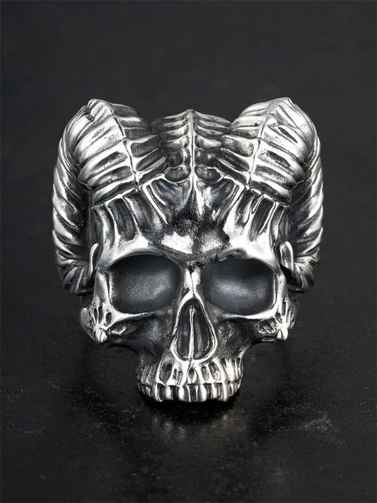 Horned Demon Skull 925 Sterling Silver Biker Ring - view 1