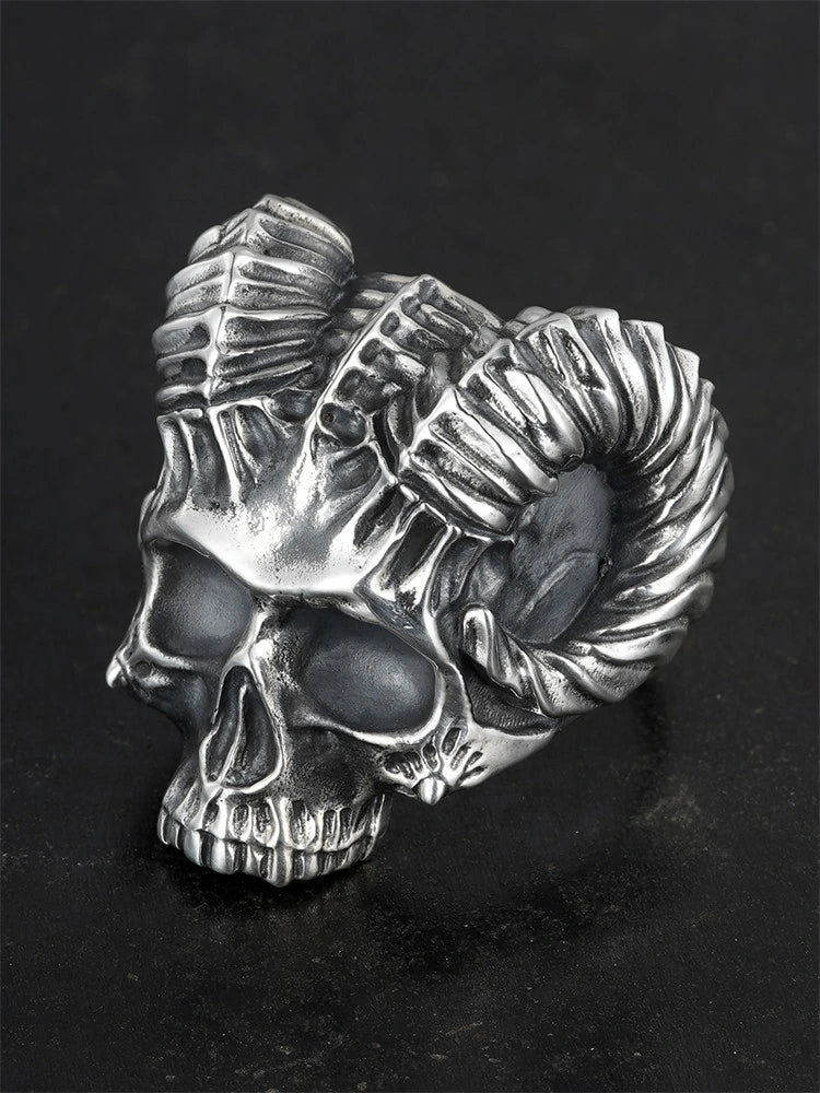 Horned Demon Skull 925 Sterling Silver Biker Ring - view 2