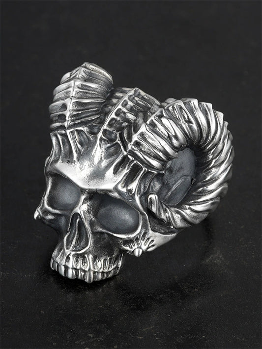 Horned Demon Skull 925 Sterling Silver Biker Ring - view 2