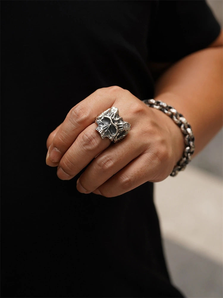 Horned Demon Skull 925 Sterling Silver Biker Ring - view 3