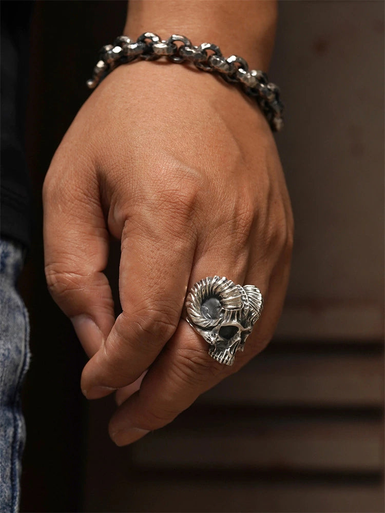 Horned Demon Skull 925 Sterling Silver Biker Ring - view 4