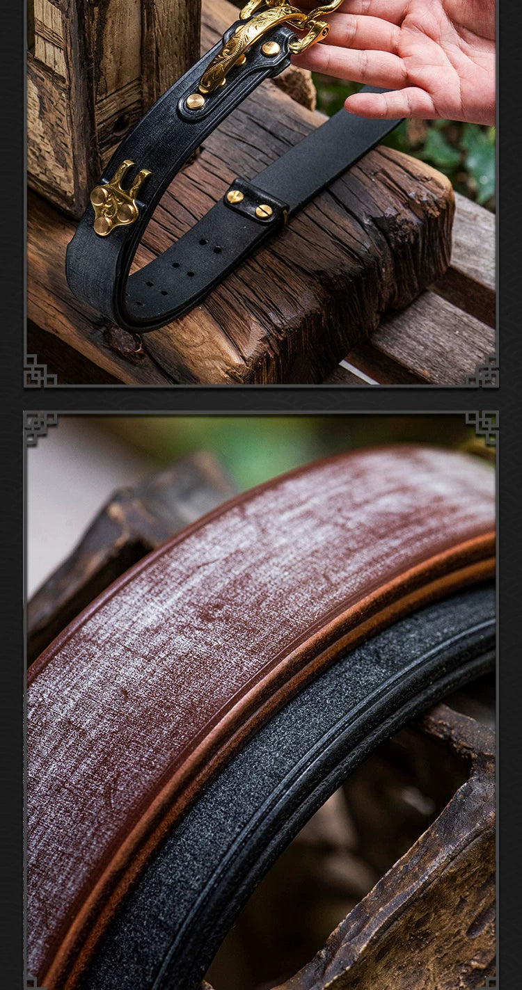 Horse Bridle Engraved Copper Buckle Full-Grain Leather Biker Belt – Engraved copper buckle detail