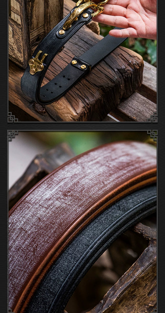 Horse Bridle Engraved Copper Buckle Full-Grain Leather Biker Belt – Engraved copper buckle detail