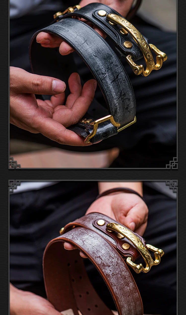 Horse Bridle Engraved Copper Buckle Full-Grain Leather Biker Belt – Full leather strap view
