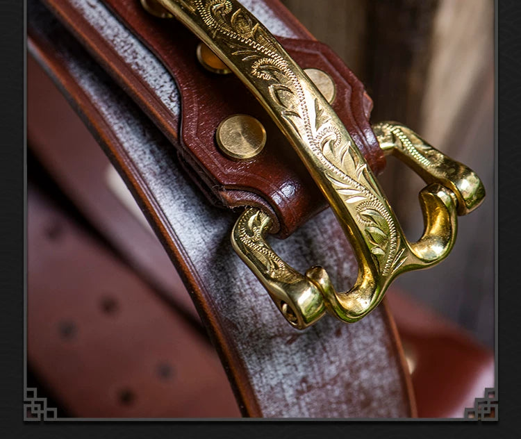 Horse Bridle Engraved Copper Buckle Full-Grain Leather Biker Belt – Handmade construction detail