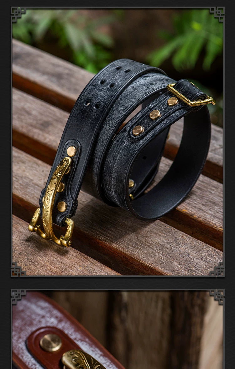 Horse Bridle Engraved Copper Buckle Full-Grain Leather Biker Belt – Leather edge detail