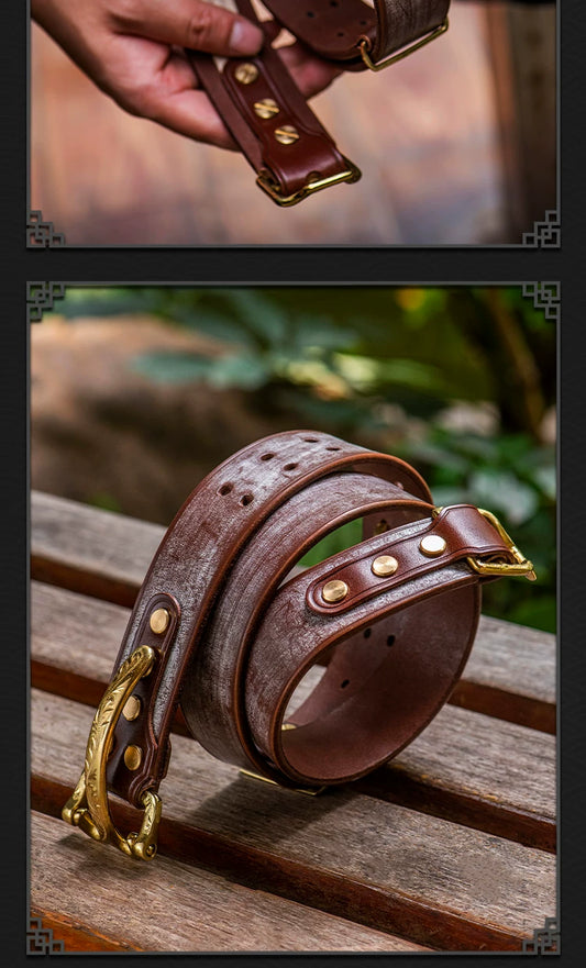 Horse Bridle Engraved Copper Buckle Full-Grain Leather Biker Belt – Complete horse bridle belt