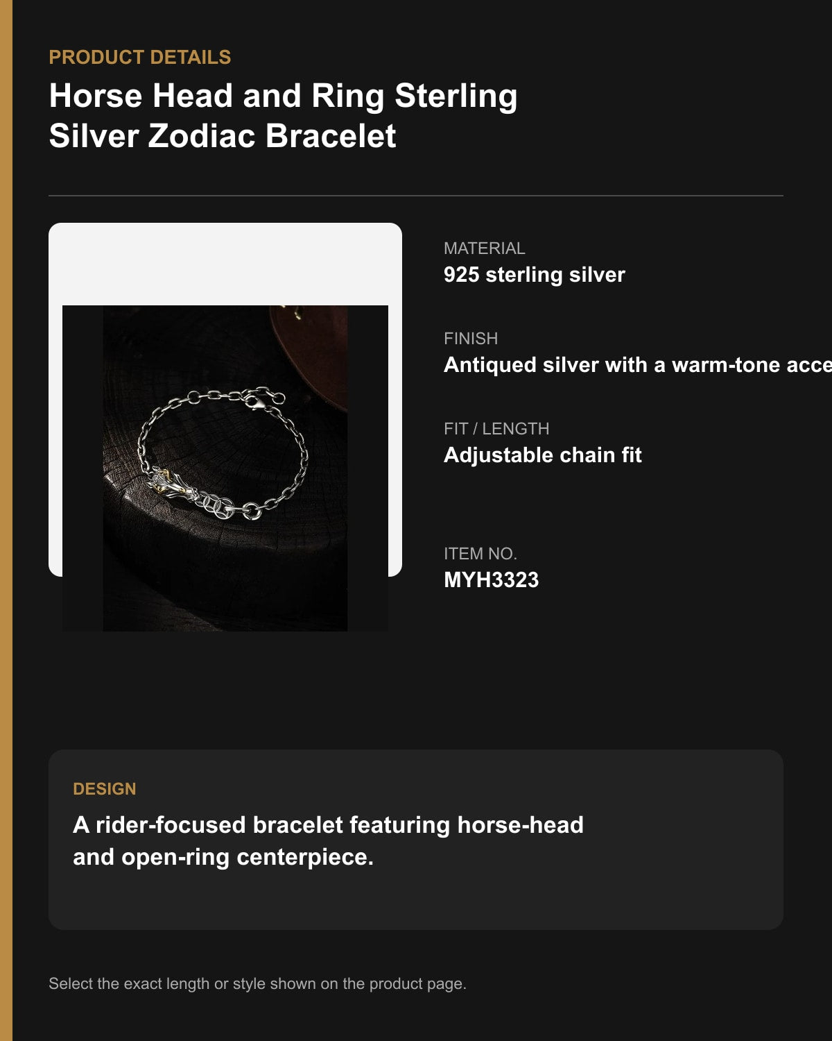 Horse Head and Ring Sterling Silver Zodiac Bracelet – English product details