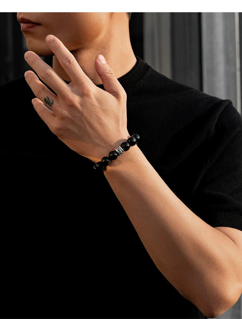 Horse Head Black Obsidian Sterling Silver Bracelet – wrist and design view 1