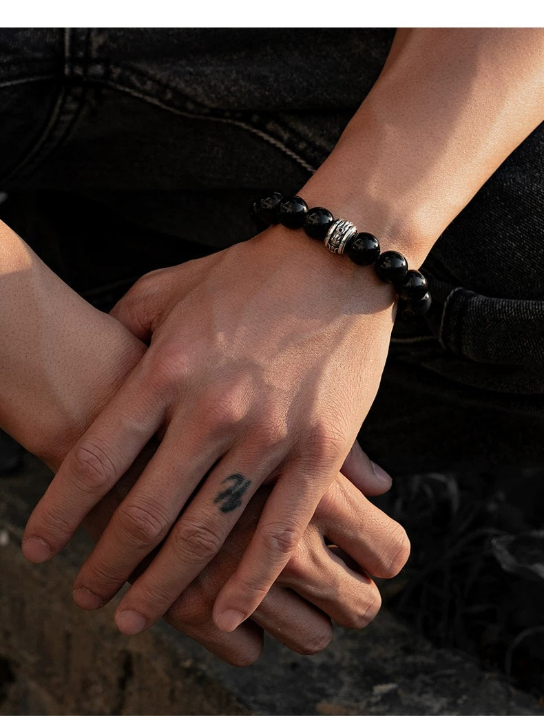 Horse Head Black Obsidian Sterling Silver Bracelet – wrist and design view 2