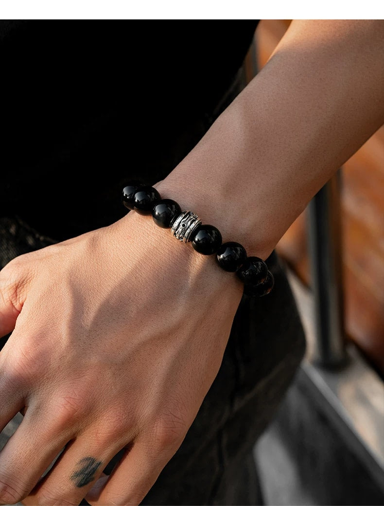 Horse Head Black Obsidian Sterling Silver Bracelet – wrist and design view 4