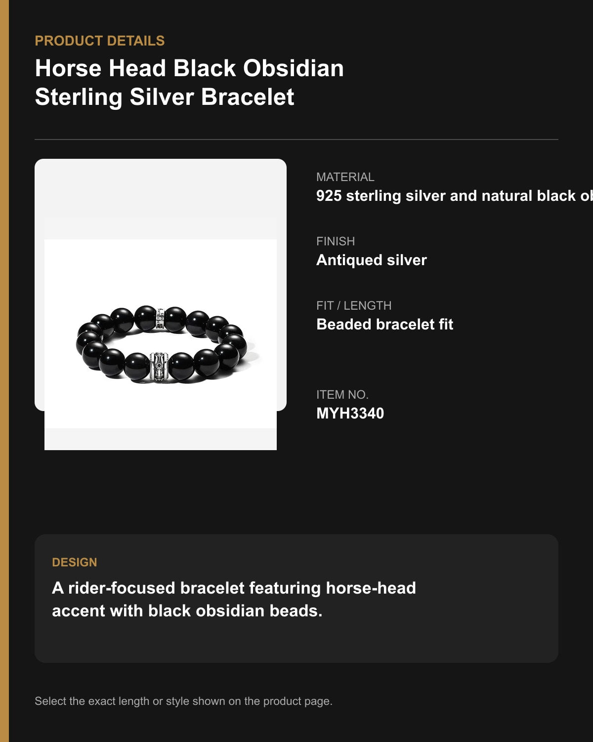 Horse Head Black Obsidian Sterling Silver Bracelet – English product details