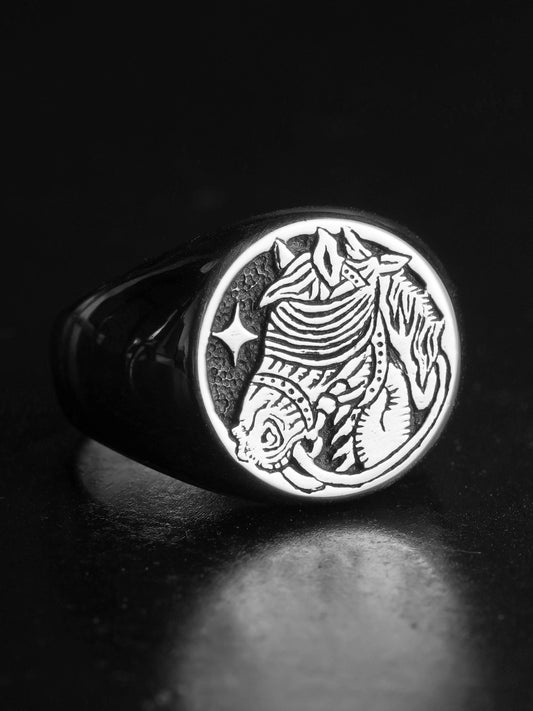 Horse Signet 925 Sterling Silver Biker Ring - view 1