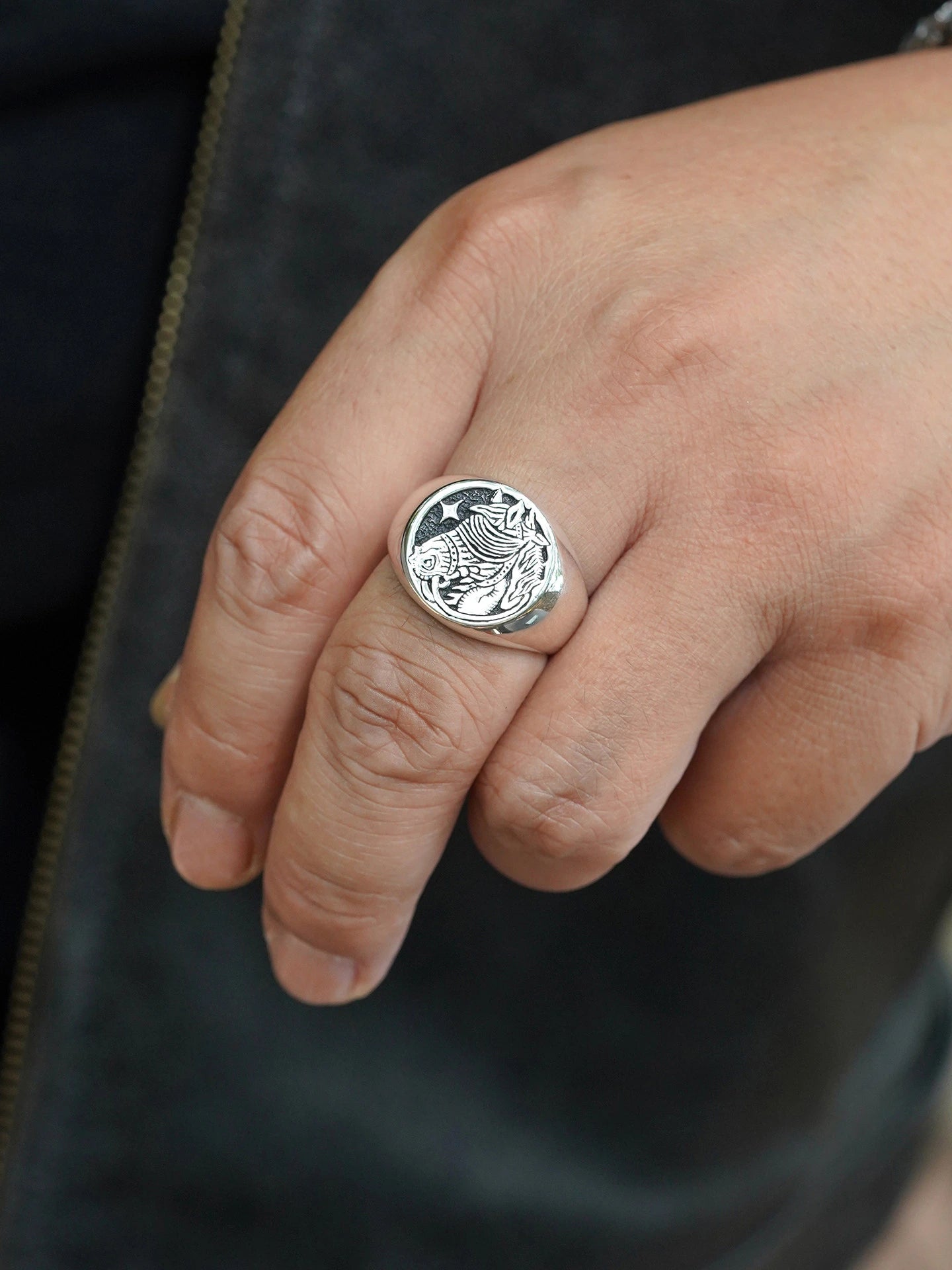 Horse Signet 925 Sterling Silver Biker Ring - view 5