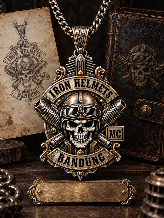 Club History represented by a unique custom motorcycle-club pendant with complete chain and sculptural mixed-metal architecture.