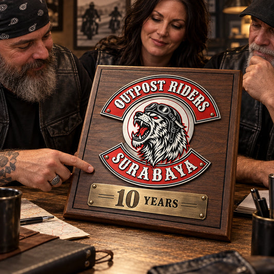 Custom motorcycle club anniversary plaque highlighting a milestone year.