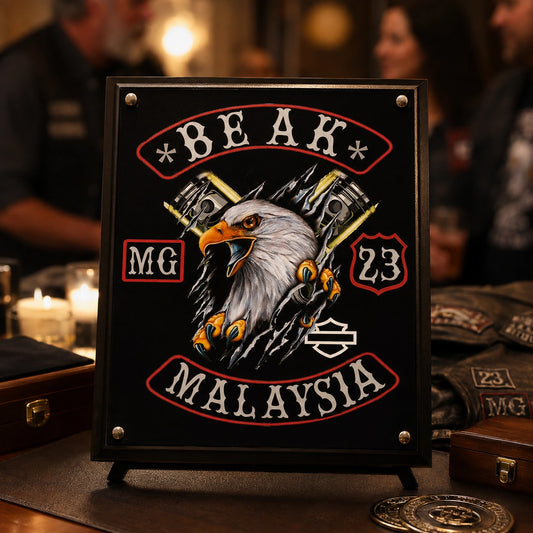 Custom motorcycle club anniversary plaque highlighting a milestone year.
