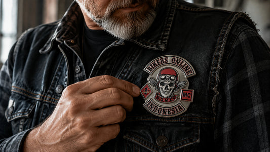 A metal mark of club identity featuring a custom metal motorcycle club badge made with an approved club logo.