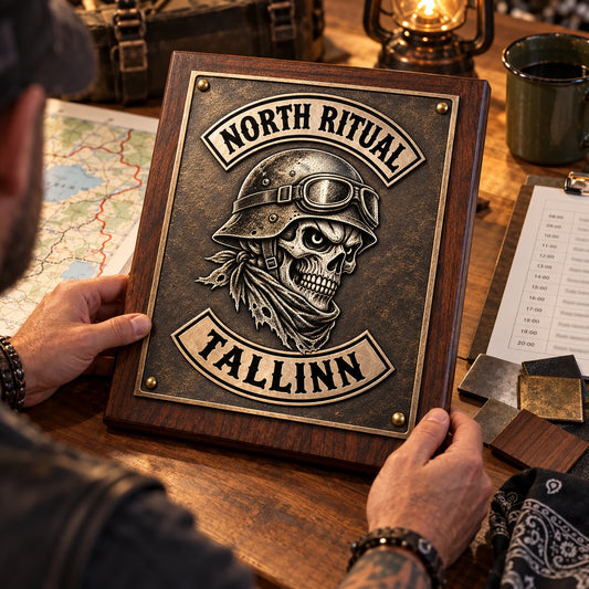 Motorcycle rally plaque personalized with an event name and club logo.